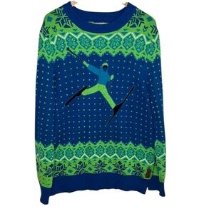 Tipsy Elves Green Blue Knit Alpine Skier Snowflake Ugly Sweater Women Size XL